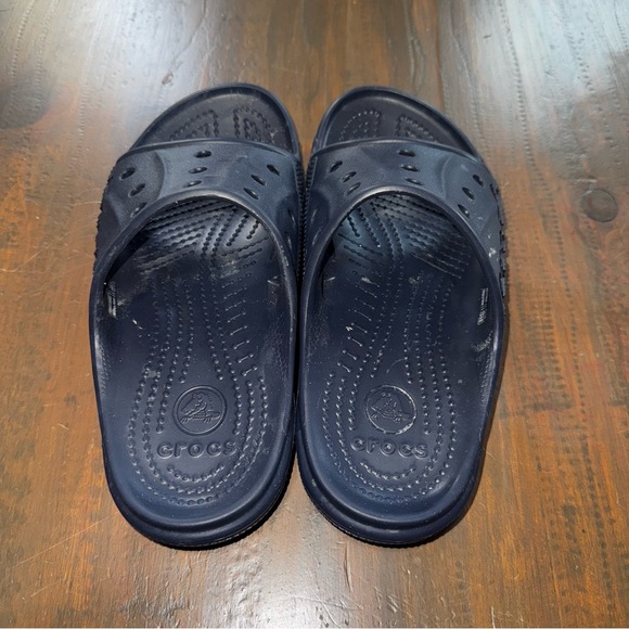 CROCS Baya Unisex Sandals Comfort Blue Shoes Slides Open Toe Spellout M8 W10 - Picture 3 of 6